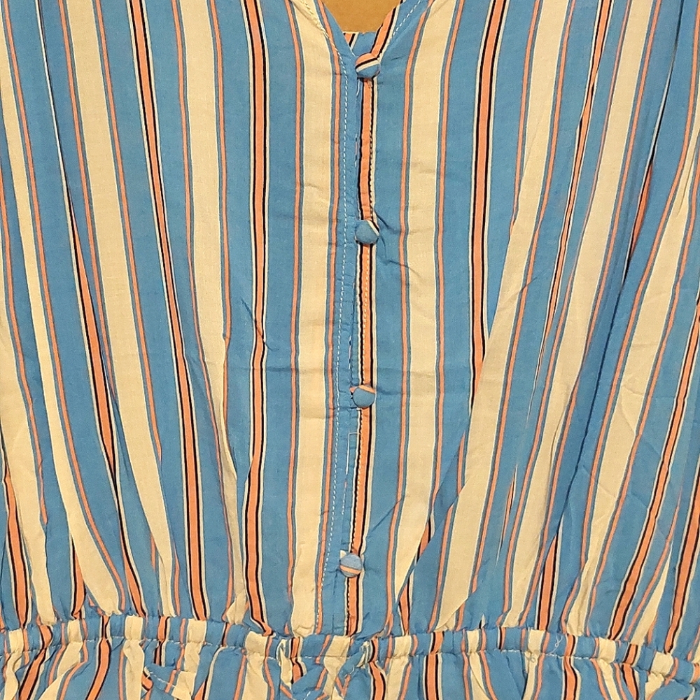 📣 Kori America Blue & Pink Striped Drawstring Waist Button-Down Top NWT Size L - Picture 4 of 12